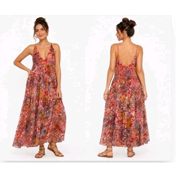 Free People Dresses & Skirts - Free People XS Juliana Tiered Floral Art To Wear Chiffon Sleeveless Maxi Dress